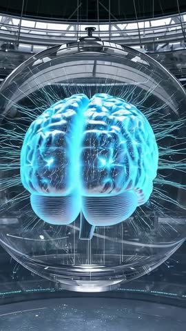 Rotating Holographic Brain Model in Transparent Sphere | Futuristic Vertical Lab Video