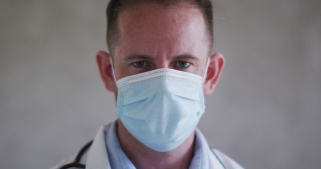 This image shows a healthcare professional wearing a surgical mask and a white lab coat with a stethoscope around the neck, conveying a sense of safety and professionalism. Ideal for use in articles about healthcare, medical safety protocols, and pandemic responses.