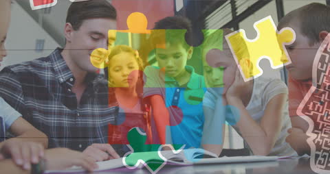 Animation of Puzzle and Diverse Kids Learning with Educator