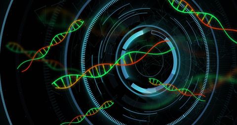 Futuristic dna helix with digital technology interface