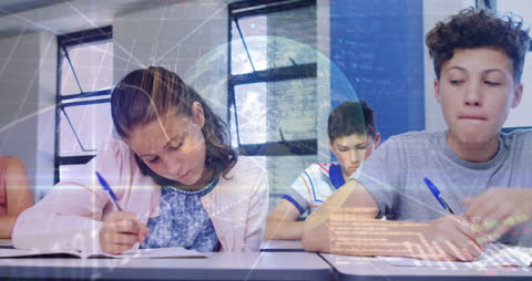 Diverse Students Studying with Digital Data Infographic Overlay