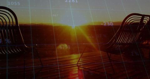 Dusk on Rooftop Deck with Sun and Wireframe Chairs