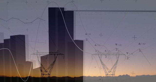 Urban digital futurism with sunset skyline and power towers