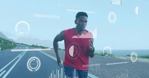 Man Running on Coastal Road with Fitness Technology Graphics Overlay