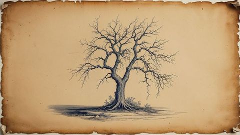 Vintage ink-drawn tree illustration on aged parchment