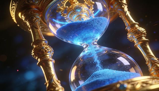Ornate gold hourglass pouring glowing blue sand with gilded filigree and cinematic glow