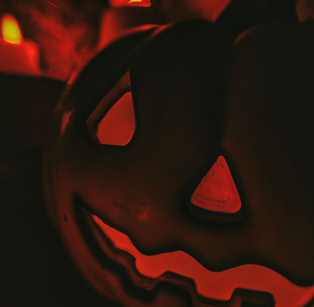 Close-up of a glowing jack-o'-lantern with dramatic red lighting, ideal for Halloween promotions, festive decoration ideas, eerie scenes, party invites, and seasonal marketing materials.