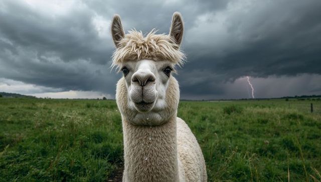 Alpaca standing in stormy paddock with lightning on horizon