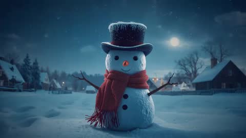 Serene Winter Night with Smiling Snowman in Snowy Field