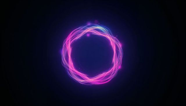 Swirling neon light trails forming glowing ring in dark space