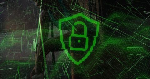 Hovering neon padlock over 3d grid in secure ops center, futuristic cybersecurity visualization