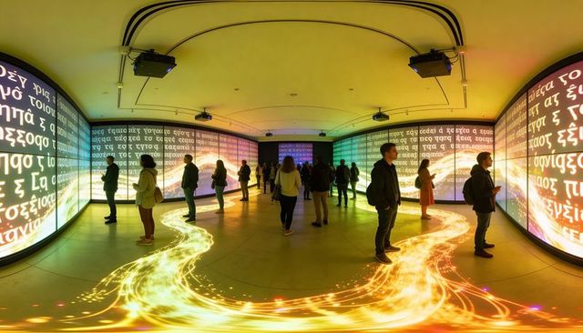Visitors exploring immersive legal ethics light installation with flowing golden stream