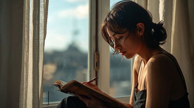 Sunlit morning journaling by window with asian woman taking notes in notebook, contemplative