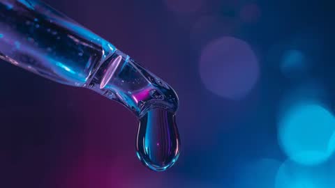 Glass Dropper Dripping Neon Liquid, Forming Stretching Filament and Single Droplet with Bokeh