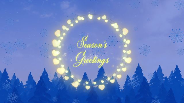 Ideal for a Christmas e-card or festive greeting, this design features a heart-adorned lighting circle framing the words 'Season's Greetings'. Set against a blue background with snow-tipped trees, perfect for spreading holiday cheer online or in digital form.