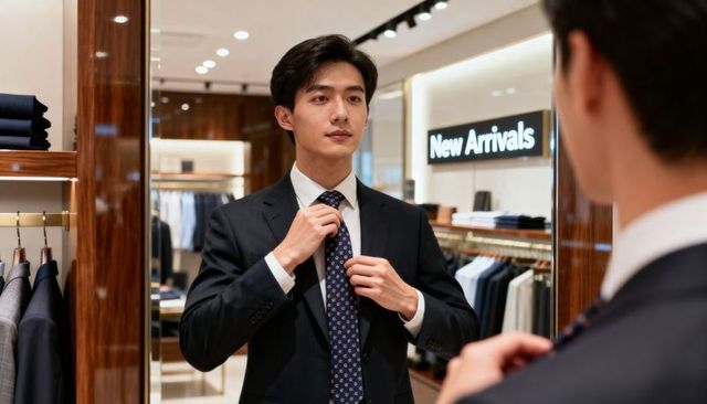 Young professional adjusting patterned tie in luxury menswear boutique mirror, dressing for meeting