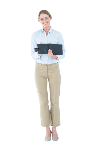 Transparent Professional Businesswoman Smiling with Notepad
