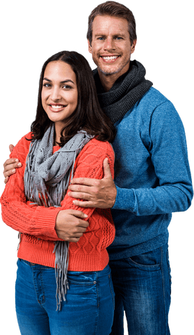 Smiling Couple in Warm Sweaters and Scarves on Transparent Background