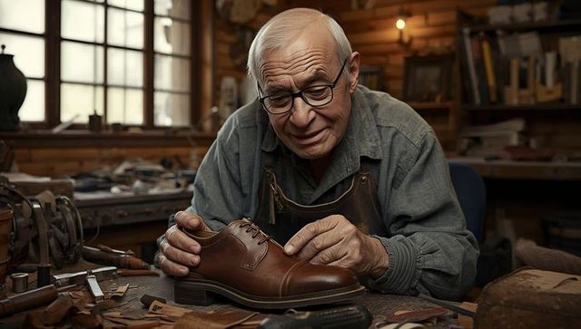 Skilled cobbler crafting and inspecting oxford leather shoe