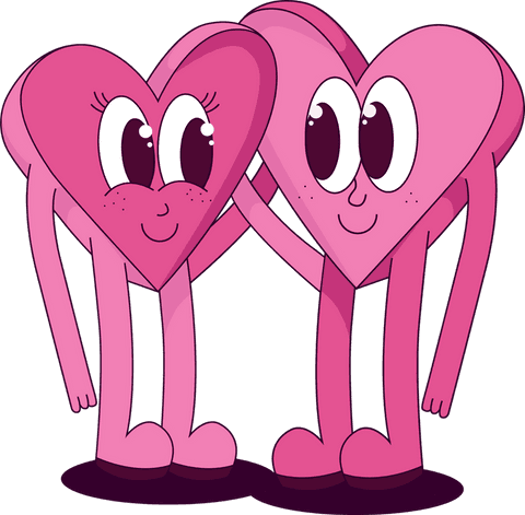 Adorable Pink Heart Characters Holding Hands on Transparent Background