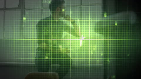 Digital Interface Overlay with Businessman Using Laptop