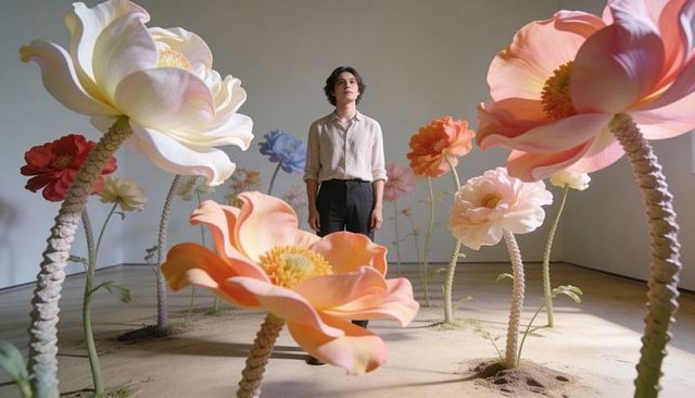 Young man standing among oversized pastel flower sculptures in minimalist gallery exploring scale