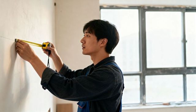 Handyman measuring and aligning tape on plaster wall during renovation with window light