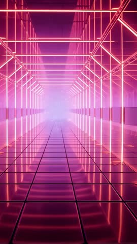 Moving through neon arch corridor toward glowing haze in futuristic vertical tunnel video