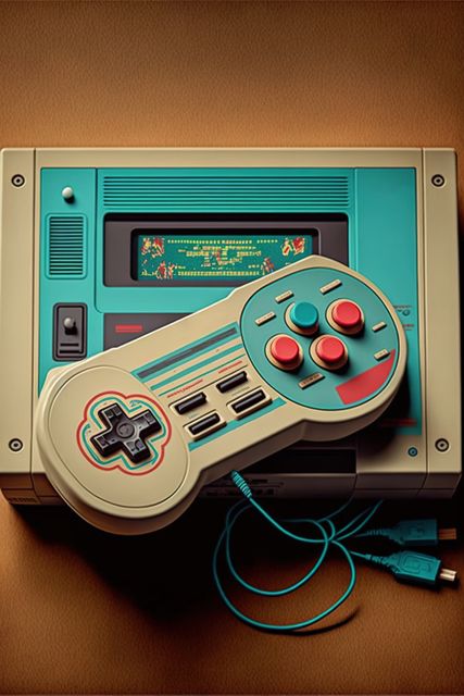 Retro gaming console and pad on yellow background, created using generative ai technology. Retro video game and home entertainment concept digitally generated image.