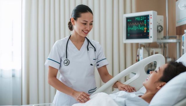 Smiling nurse providing bedside care and monitoring patient vitals in modern hospital room