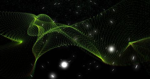 Neon green particle wave point cloud flow over dark void, futuristic data stream
