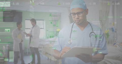 Clinician charting on clipboard in hospital ward with digital medical analytics overlays