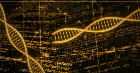 Glowing golden dna double helix floating over scientific code grid with molecular network
