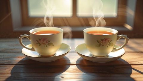 Two elegant porcelain teacups with roses on rustic wooden table