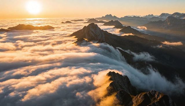 Sunrise alpenglow flowing sea of clouds over jagged alpine ridge at dawn panorama