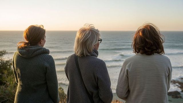 Three women watching ocean sunset from coastal bluff in knit sweaters