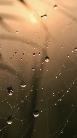 Morning dew collecting on spider silk web backlit by warm sun, vertical macro footage