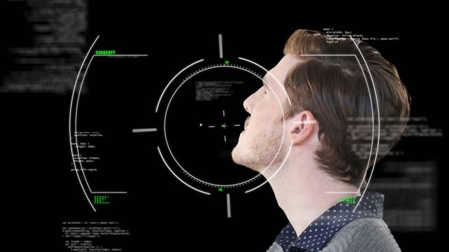 Interactive digital interface depicting futuristic scanning and data processing over man at gym, showcasing current technology expressions and innovations in fitness. Useful for illustrating advanced technology applications in health, virtual reality, gaming, and software systems.