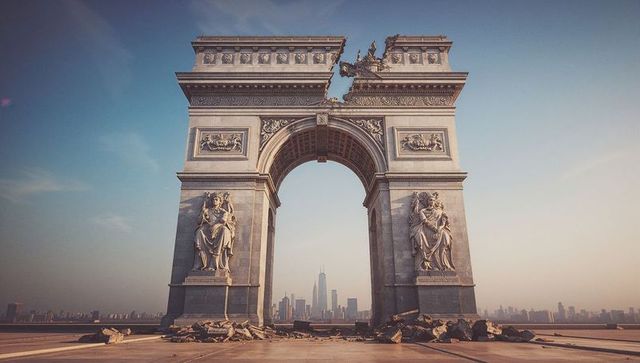 Neoclassical triumphal arch framing modern skyline with rubble foreground at golden hour