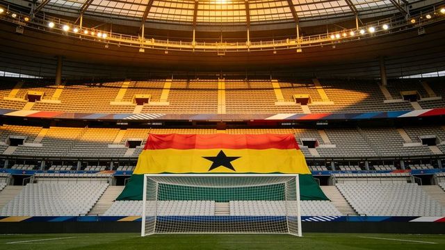 Ghana flag draping stadium stands behind centered soccer goal at golden sunset lighting