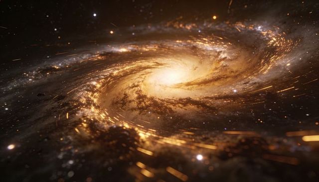 Swirling golden spiral galaxy core emitting luminous arms and dark dust lanes