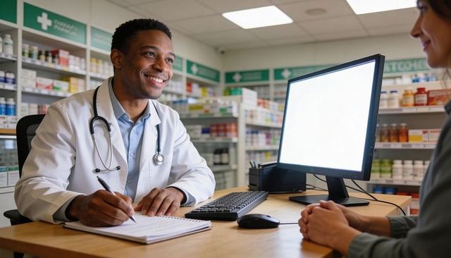 Smiling black doctor consulting patient at pharmacy desk with stethoscope and notebook
