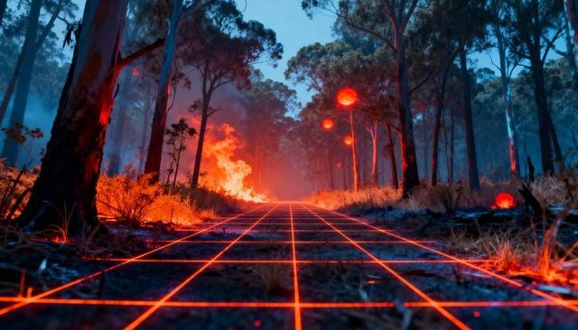Neon grid trail through burning forest with glowing orbs at twilight