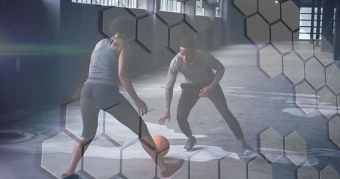 Dynamic Basketball Training with Futuristic Grid Overlay