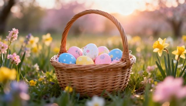 Spring easter basket overflowing with pastel decorated eggs in sunlit meadow at golden hour