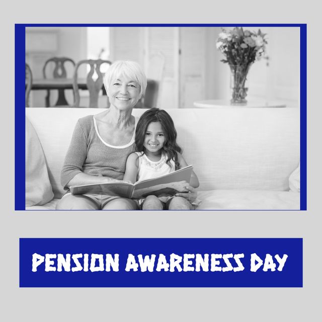 The image portrays an Asian grandmother and her granddaughter sitting on a couch, engaging in a reading activity, to highlight the importance of Pension Awareness Day. This image can be utilized in marketing materials, social media posts, and educational campaigns focusing on financial literacy, retirement planning, family bonding, and elderly care awareness.