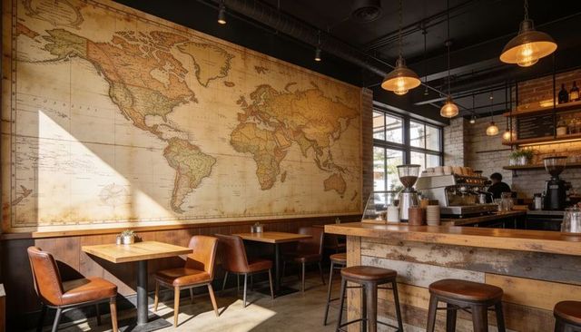 Rustic coffee shop interior with vintage world map mural and warm industrial lighting