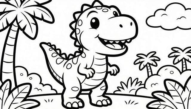Smiling cartoon dinosaur coloring page: tropical jungle line art with palm trees