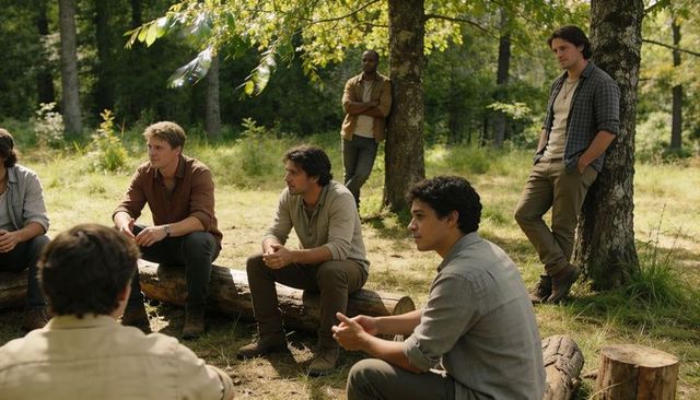 Men gathering in sunlit forest clearing, sitting on logs and sharing relaxed conversation