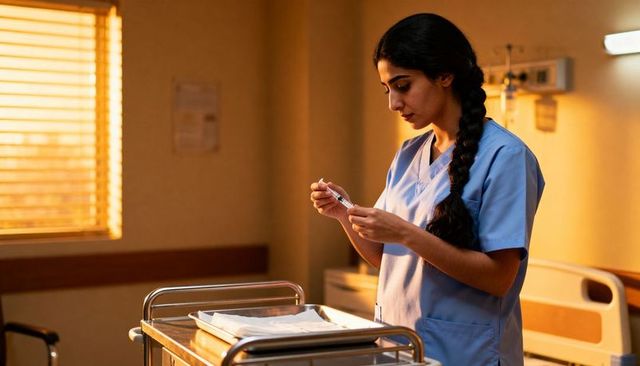 Nurse preparing syringe in patient room, loading vial into syringe, warm evening light